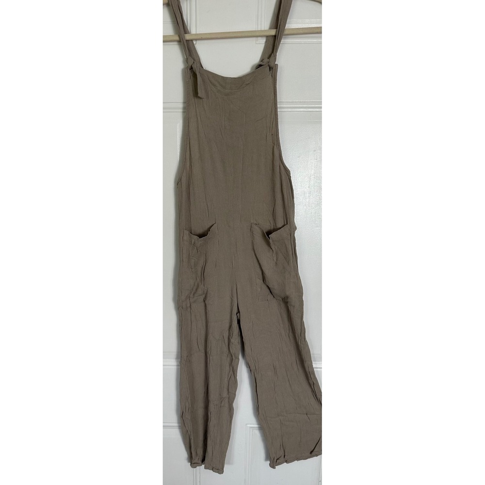Hi Res Women XS Taupe Rayon Gauze Tie Strap Overalls Wide Leg Jumpsuit Pockets